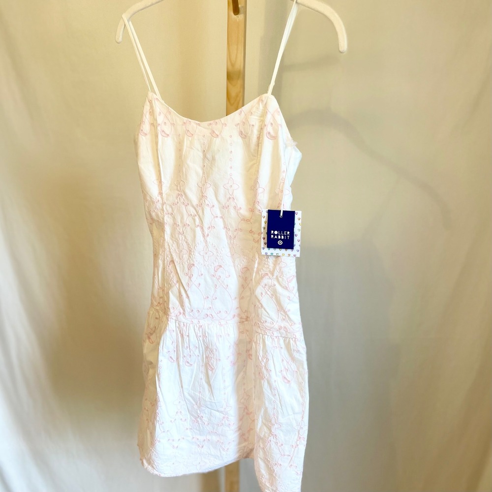 Roller Rabbit x Target White Pink Eyelet Embroidery Mini Dress Drop Waist NEW XS